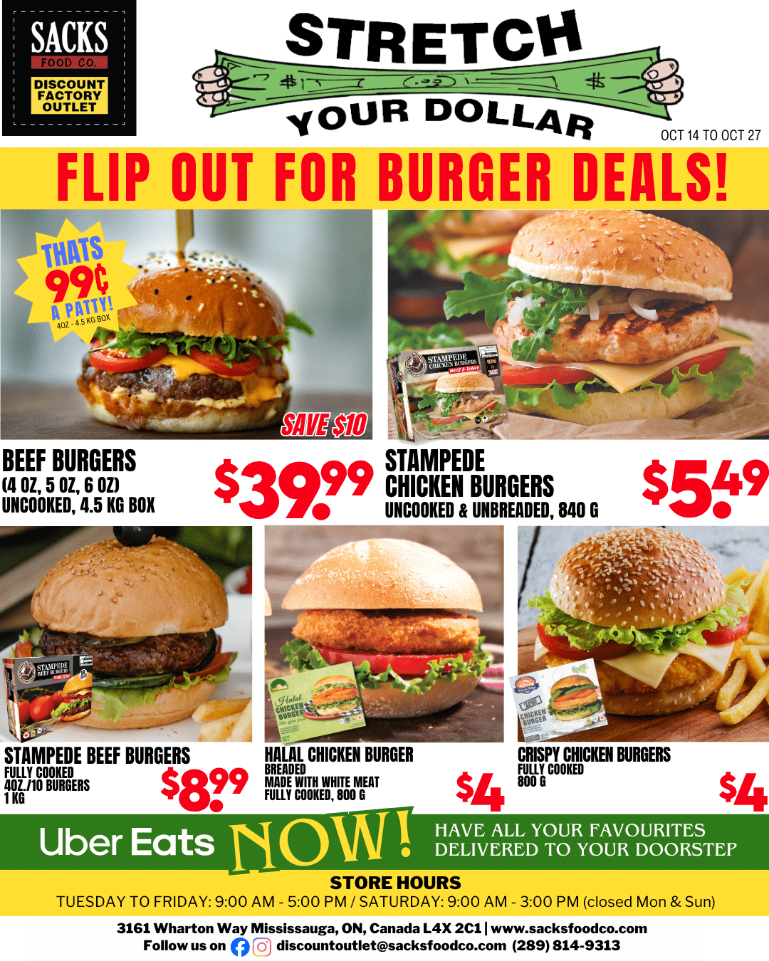 Sacks Food Co burger deals flyer, October 14 to 27, 2026: beef burgers 4.5 kg box $39.99; Stampede chicken burgers 840 g $5.49; Stampede beef burgers 1 kg $8.99; halal chicken burgers 800 g $4; crispy chicken burgers 800 g $4.